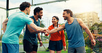 Men, handshake and padel with training, fitness and respect with support, challenge and low angle. People, athlete and shaking hands at tennis court for exercise, game and sports with match at club