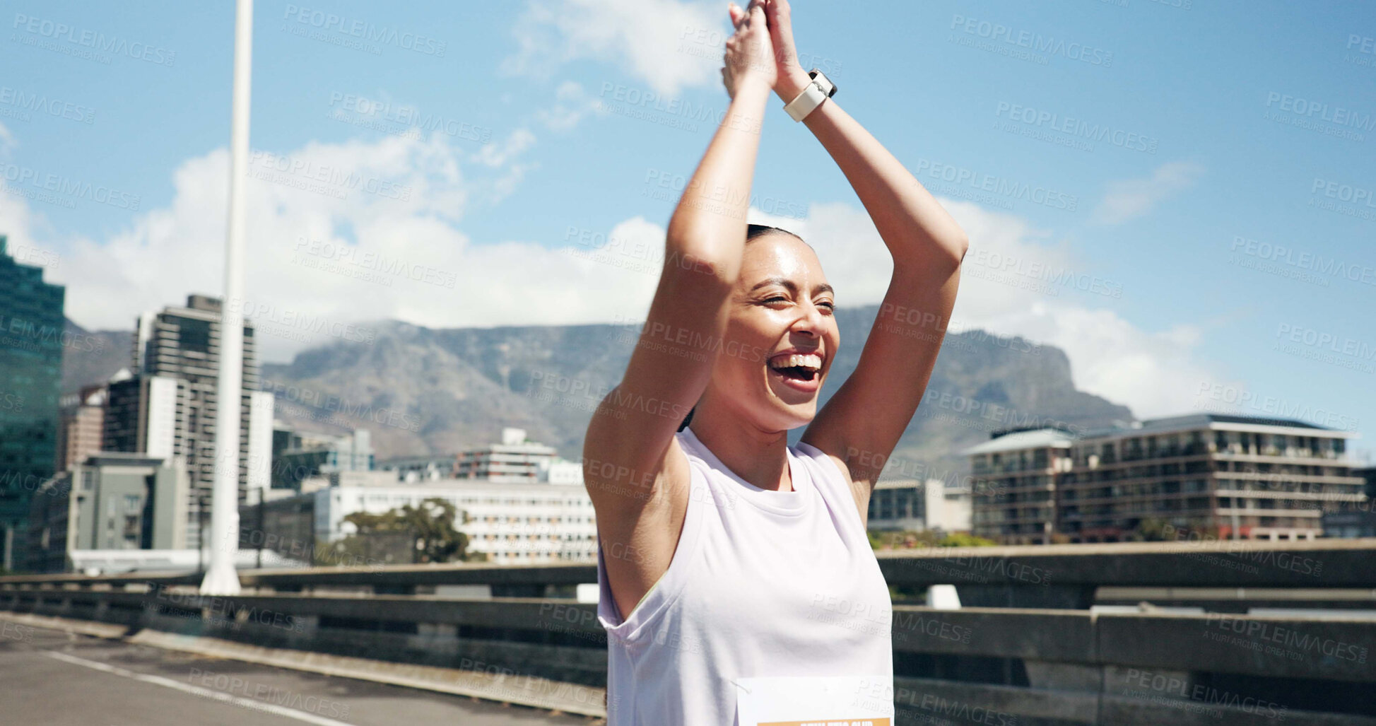 Buy stock photo Runner, applause or happy woman on city road for marathon race, cardio or celebrate achievement. Goal, finish event or athlete with resilience challenge success, outdoor fitness or clap for winning