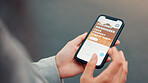 Person, hands and phone screen with travel app for holiday journey, vacation or planning trip. Closeup, traveler or user with mobile smartphone display for online booking, website or web service
