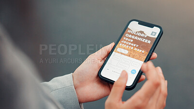 Buy stock photo Person, hands and phone screen with travel app for holiday journey, vacation or planning trip. Closeup, traveler or user with mobile smartphone display for online booking, website or web service