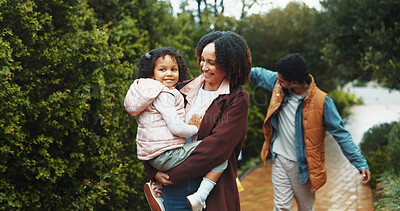Buy stock photo Outdoor, parents and girl with smile, love and bonding together with happiness, getaway trip and relax. Mother, father and family with vacation, nature and travel with weekend break and adventure