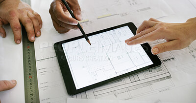 Buy stock photo Architecture, blueprint and hands with tablet screen for meeting, renovation design and building planning. Tech, people and project with document at construction site for floor plan and development