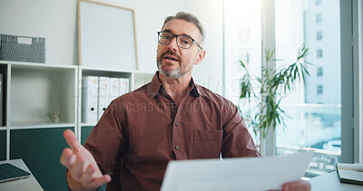 Buy stock photo Portrait, video call and man in office, documents and conversation with financial agency. POV, investor or mature person with paperwork, talking or report for investment audit or feedback for trading