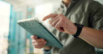 Buy stock photo Man, hands and scroll in office with tablet for social media marketing, campaign post or SEO report. Person, browse and research with tech for digital advertising, project upload or brand management.