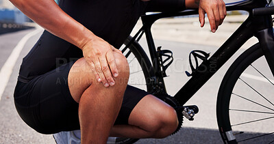 Buy stock photo Knee pain, cyclist and hands with man in city for workout mistake, sports injury and fibromyalgia. Muscle sprain, inflammation and cycling with person and bike for training fatigue and issue