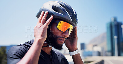 Buy stock photo Sports, helmet and man with sunglasses outdoor ready for exercise, training and active hobby. Fitness, athlete and person with safety gear, polarized lens and protection for cycling workout in city