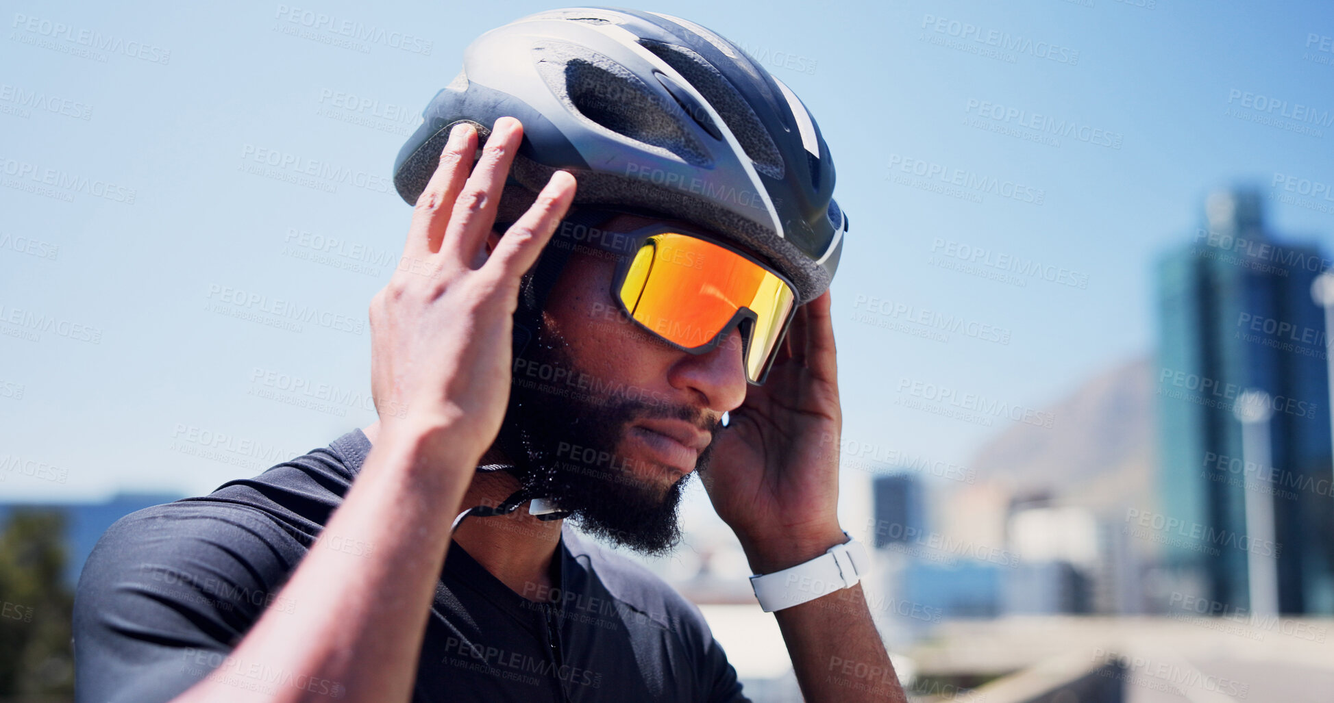 Buy stock photo Sports, helmet and man with sunglasses outdoor ready for exercise, training and active hobby. Fitness, athlete and person with safety gear, polarized lens and protection for cycling workout in city