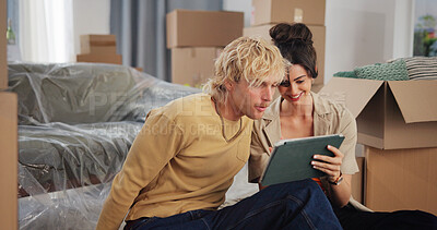 Buy stock photo New house, internet and couple with smile, tablet and mortgage with property investment. Rental apartment, man and happy woman with tech, planning and renovation with decoration ideas and digital app