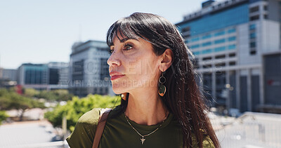 Buy stock photo Real estate, thinking and woman in city, travel and ideas with urban development. Outdoor, mature person and realtor in street, building expansion and solution with property investment and commute