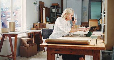 Buy stock photo Laptop, supply chain and phone call with mature woman in office for delivery, retail update or shipping. Tech, conversation and small business owner with logistics for package, distribution and stock