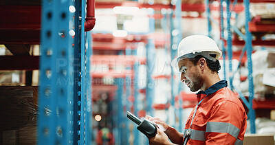 Buy stock photo Logistics, tablet and reading with man in warehouse for inspection, cargo storage or freight. Supply chain inventory, distribution and online export report with employee in factory for delivery plan