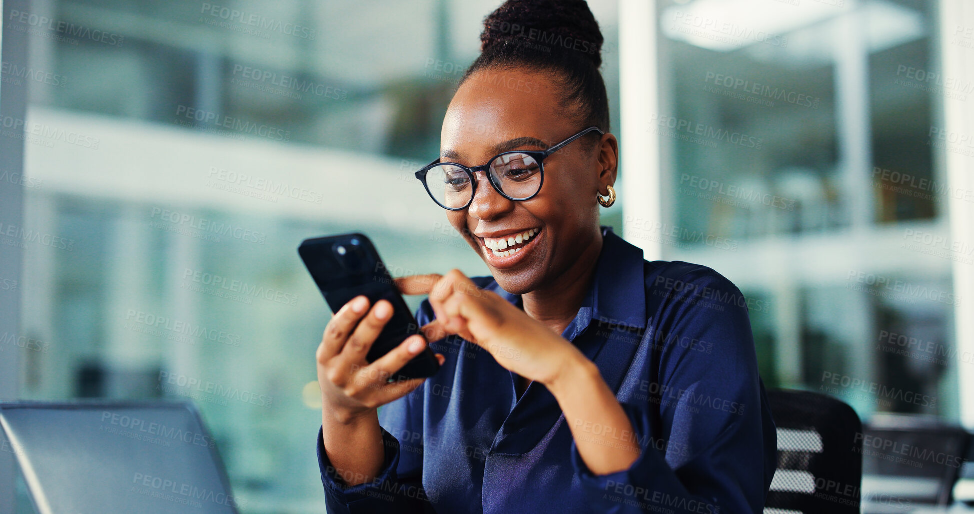 Buy stock photo Phone, smile and black woman in office with message, communication or notification on mobile app. Cellphone, laptop and business person with networking, texting or social media on break in workplace