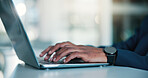 Hands, business and man typing on laptop for research, email client and finance report. Space, accountant and technology for company audit, budget planning and financial proposal for investment offer
