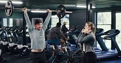 Buy stock photo Fitness, coach or people in gym with barbell, guidance or help in weightlifting. Exercise, active or personal trainer with equipment, bodybuilding instructor or assistance in muscle development.