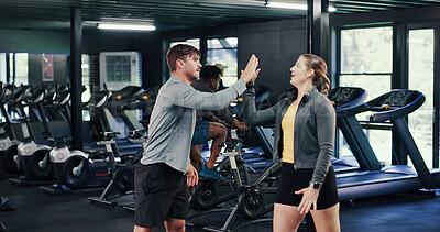 Buy stock photo Fitness, team and high five with people in gym for motivation boost, target or support with coach. Workout club, man and woman with hands together as friends for goal or success with personal trainer