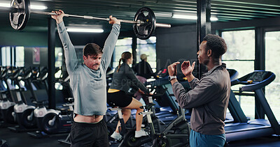 Buy stock photo Fitness, instructor or men in gym with barbell, guidance or help in weightlifting workout. Exercise, advice or personal trainer with equipment, bodybuilding coach or assistance in muscle development.