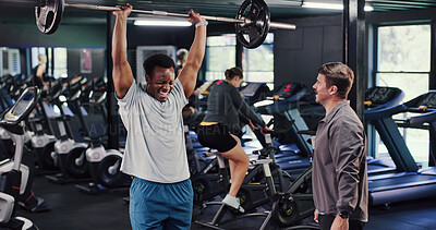 Buy stock photo Bodybuilding, personal trainer or man with barbell in gym, strength challenge or coaching for muscle gain. Strong, instructor or people with weightlifting exercise for fitness, training or endurance