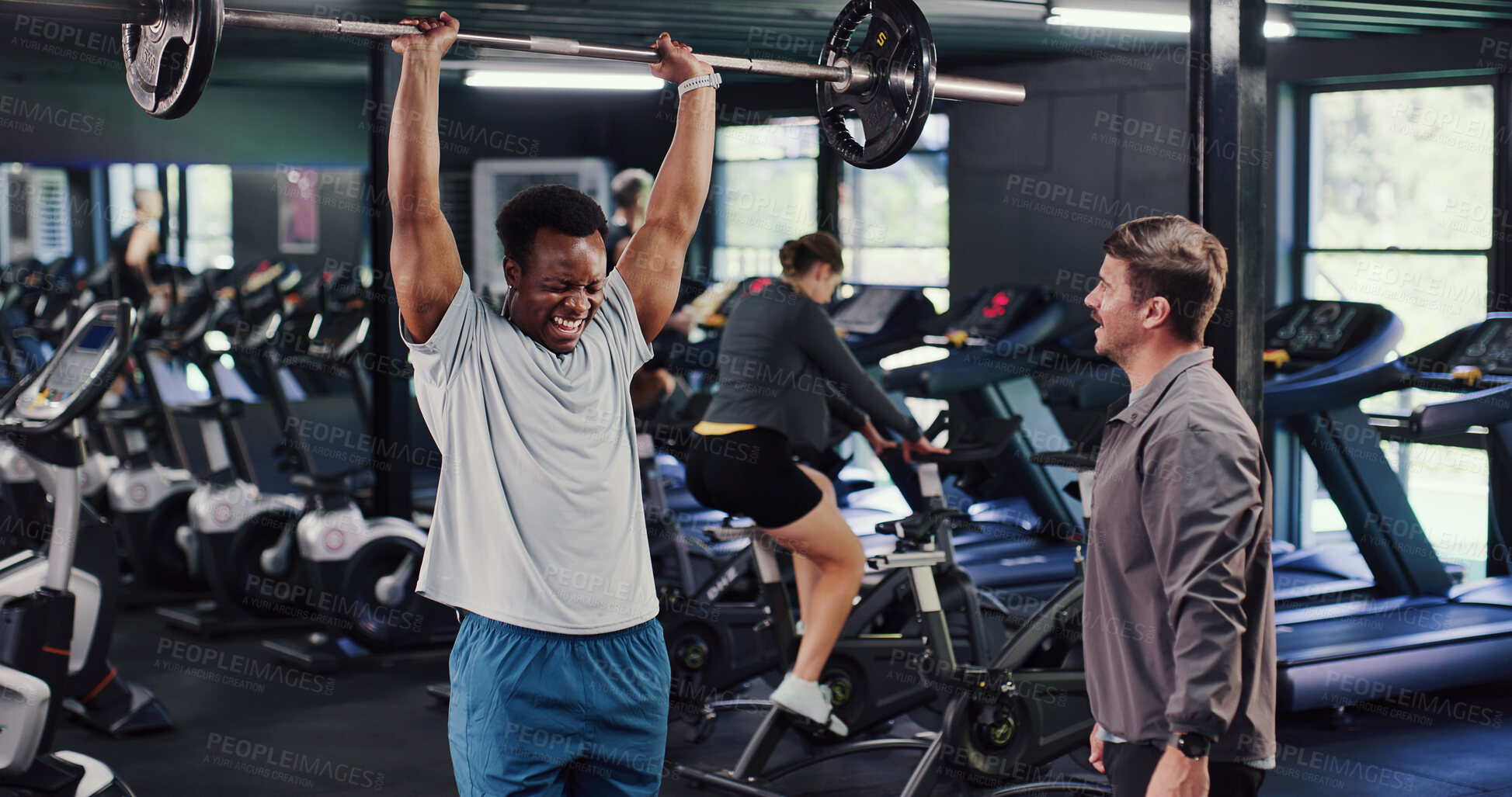 Buy stock photo Bodybuilding, personal trainer or man with barbell in gym, strength challenge or coaching for muscle gain. Strong, instructor or people with weightlifting exercise for fitness, training or endurance