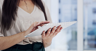 Buy stock photo Woman, hands and typing in creative agency with tablet, research or campaign plan for email marketing. Person, scroll or browse in office with tech, digital app or website for newsletter advertising.
