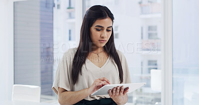 Buy stock photo Woman, research or typing in creative agency with tablet, campaign plan or online for email marketing. Person, scroll or browse in office with tech, digital app or website for newsletter advertising.