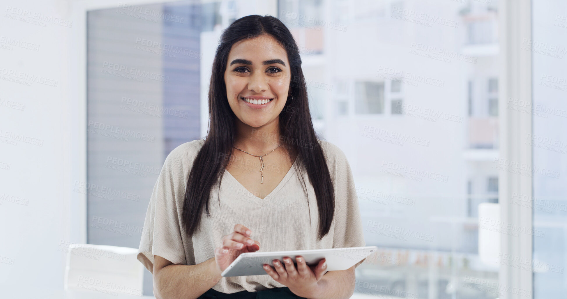 Buy stock photo Portrait, woman and smile in office with tablet, confidence or research for digital marketing internship. Happy, female person or intern in creative agency with tech, pride or online advertising job.