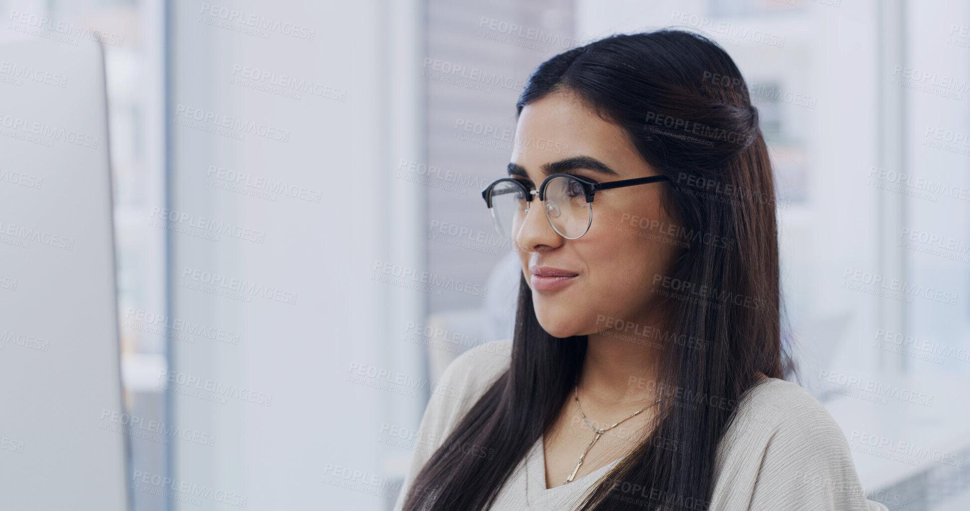 Buy stock photo Computer, review or business woman in office, marketing trends or research for online brand engagement. Ad campaign, pc or person with social media management, reading or visibility increase proposal