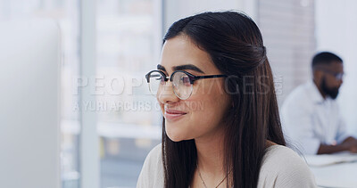 Buy stock photo Computer, reading and business woman in office, marketing trends and research for online brand engagement. Ad campaign, pc and marketer with social media management, smile and reach increase planning