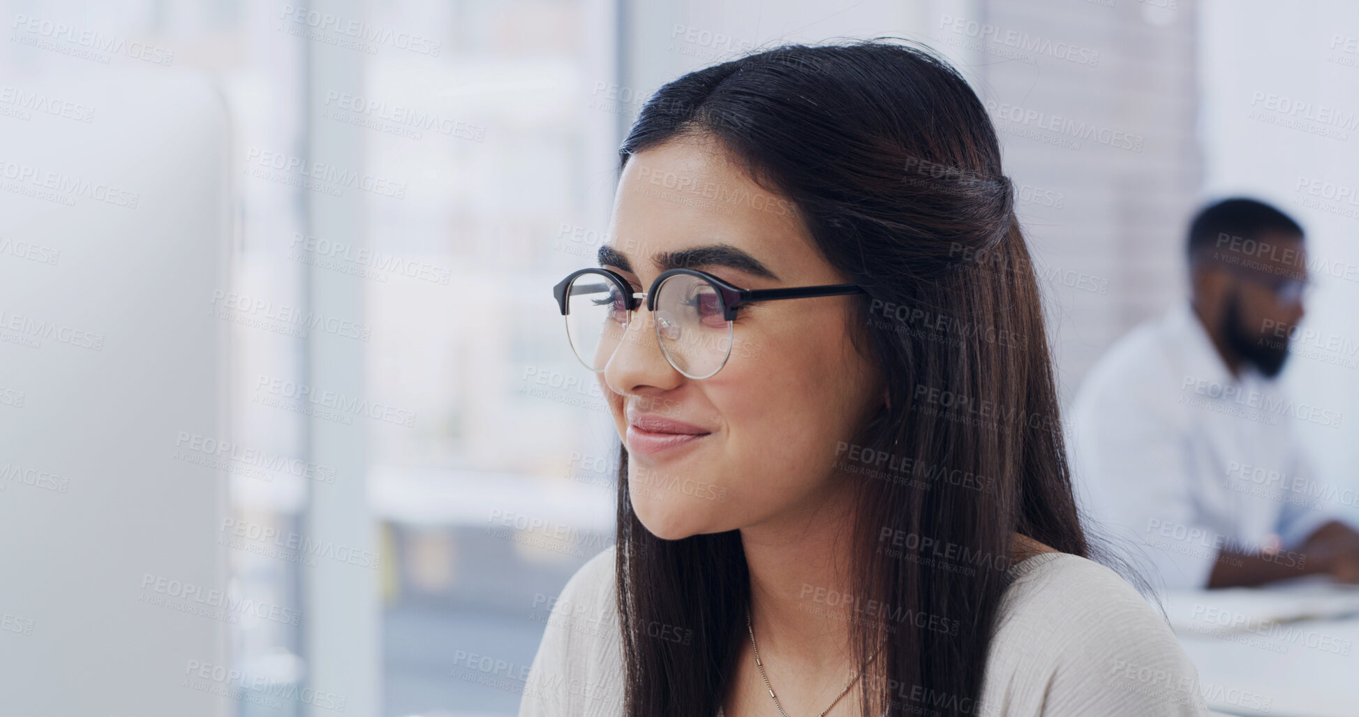 Buy stock photo Computer, reading and business woman in office, marketing trends and research for online brand engagement. Ad campaign, pc and marketer with social media management, smile and reach increase planning