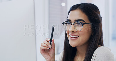 Buy stock photo Computer, smile and thinking with designer woman in office for online planning or research. Glasses, pc and reading with happy design professional in creative workplace for development or review