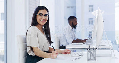 Buy stock photo Computer, portrait and writing with designer woman in workplace for online planning or research. Glasses, pc and smile with happy design professional in coworking office for development or review