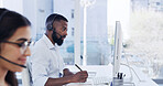 Call center, headset or man with computer for customer service, help desk contact or troubleshooting advice. Coworking, tech support or virtual assistant with problem solving, writing or hotline