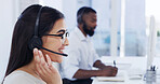Call center, headset or woman with smile for customer service, help desk contact or troubleshooting advice. Coworking, tech support or virtual assistant with instructions, solution or problem solving