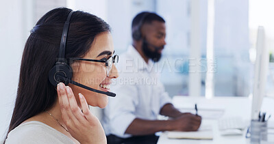 Buy stock photo Call center, headset or woman with smile for customer service, help desk contact or troubleshooting advice. Coworking, tech support or virtual assistant with instructions, solution or problem solving