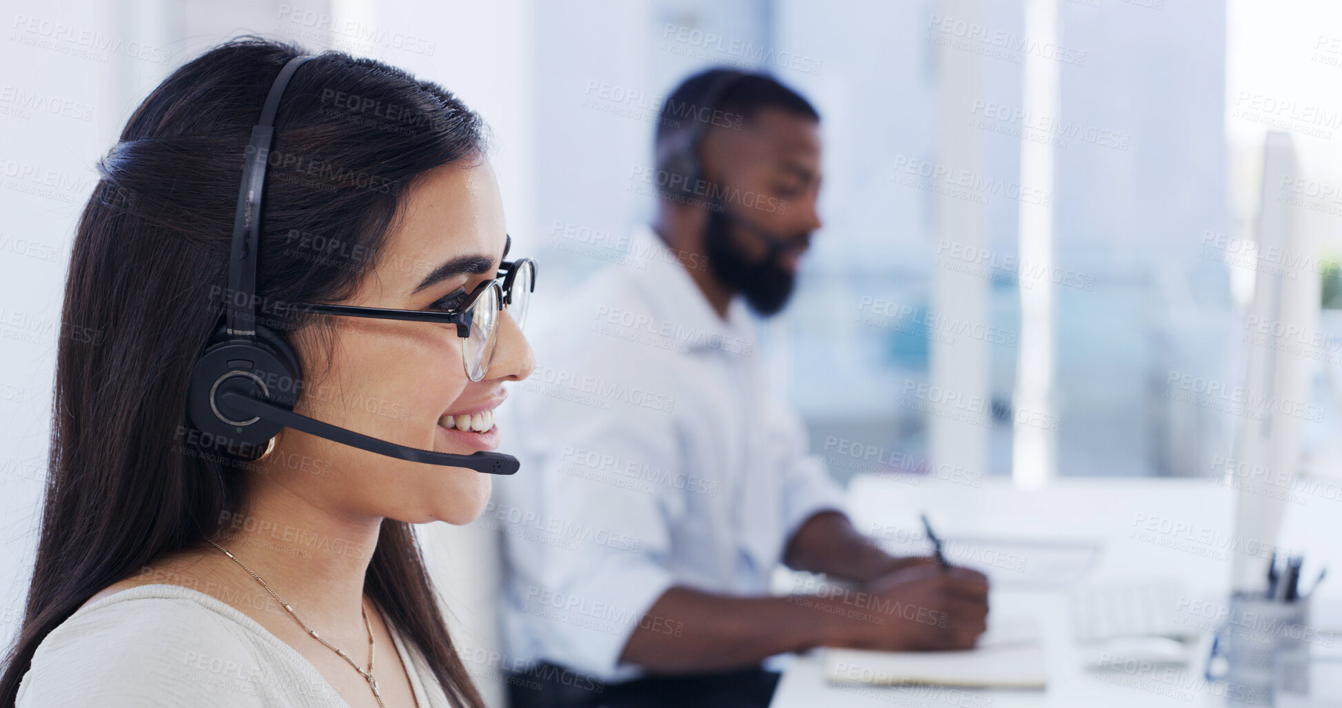 Buy stock photo Call center, headset and woman with smile for customer care, help desk contact and troubleshooting advice. Coworking, tech support or virtual assistant with instructions, solution or problem solving