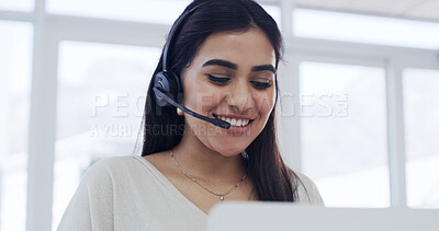 Buy stock photo Laptop, woman and call center agent with customer care, support and service for help with assistance. Smile, headset and consultant with computer for hotline, feedback and contact us for advice