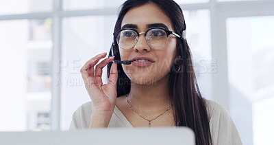 Buy stock photo Help, woman and agent in call center with mic, customer care and service with advice. Talking, headset and consultant with tech for hotline, feedback and contact us for assistance with support