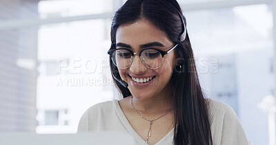 Buy stock photo Headset, laptop and smile with woman in call center for online assistance or problem solving. Computer, contact us and customer service with happy agent in office for feedback, help or support