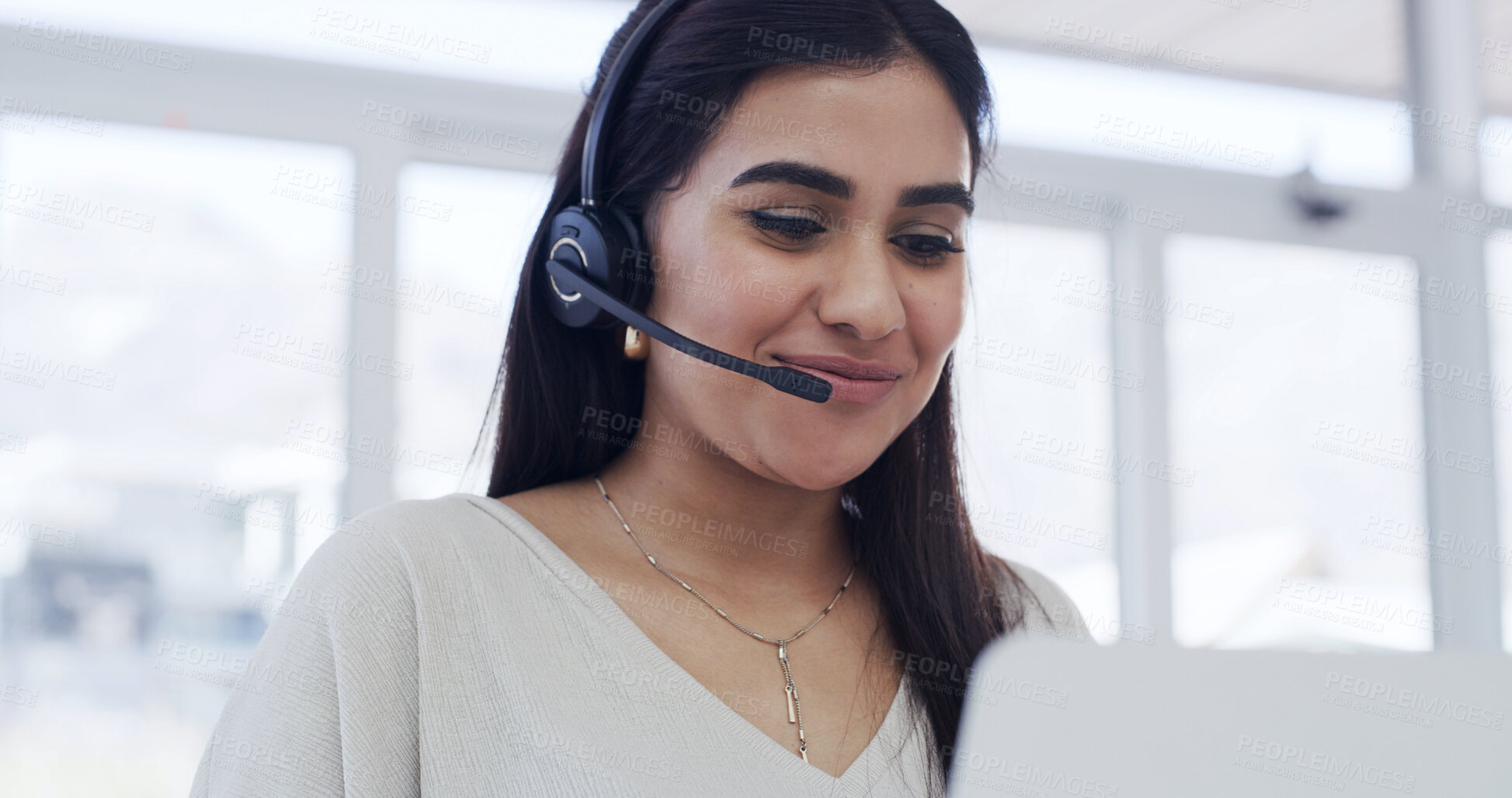 Buy stock photo Laptop, woman and call center agent with support, customer care and service for help with assistance. Smile, headset and consultant with computer for hotline, feedback and contact us for advice