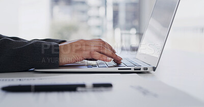 Buy stock photo Hands, research and typing in office with laptop, accounting report and planning for risk assessment. Person, browsing or email in workplace with computer, financial management or proposal for audit.