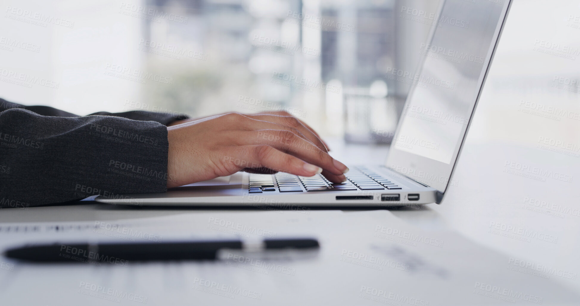 Buy stock photo Hands, research and typing in office with laptop, accounting report and planning for risk assessment. Person, browsing or email in workplace with computer, financial management or proposal for audit.
