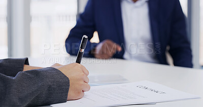 Buy stock photo Human resources, paperwork and hands with signature in office, job contract and recruitment agreement. Onboarding process, legal document and person with hiring admin for employment, pen and identity