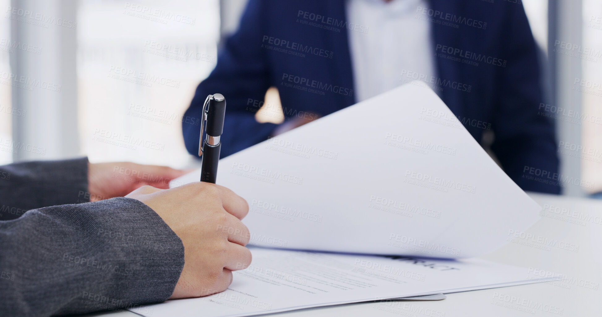 Buy stock photo Human resources, document and hands with signature in office, job contract and recruitment agreement. Onboarding process, legal paperwork and person with hiring admin for employment, pen and identity