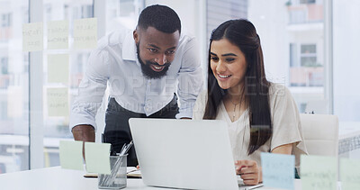 Buy stock photo Laptop, reading and teamwork with people in design office for online planning or research. Collaboration, computer and feedback with happy designers in creative workplace for development or review