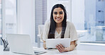 Happy, portrait and businesswoman with tablet, office and creative for career growth or copywriting. Confident, employee and person with tech for blog, email marketing and smile with research on web