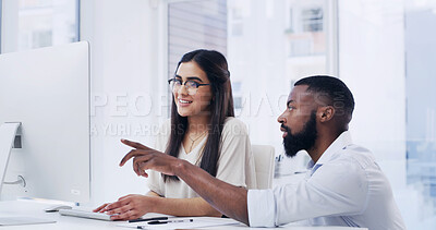 Buy stock photo Computer, pointing and talking with designer people in office for online planning or training. Collaboration, feedback and pc with happy design team in creative workplace for coaching or development
