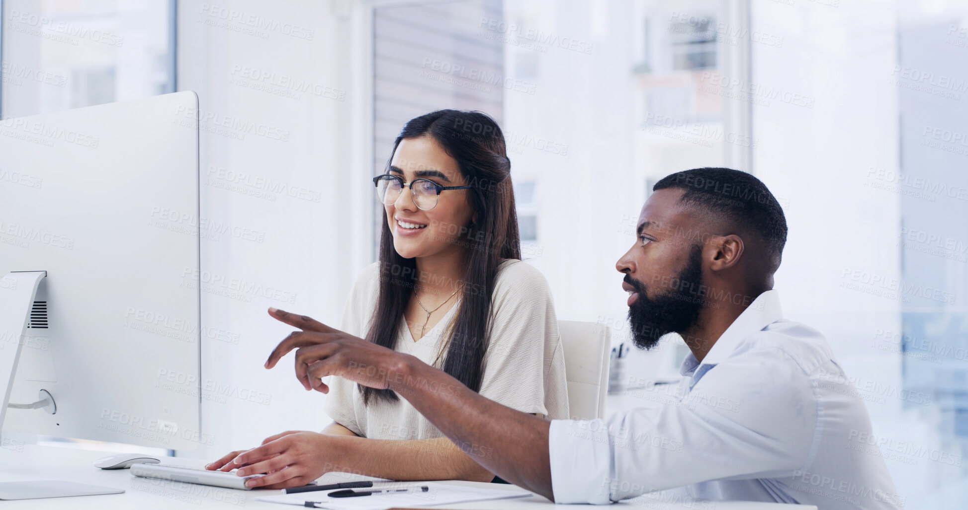 Buy stock photo Computer, pointing and talking with designer people in office for online planning or training. Collaboration, feedback and pc with happy design team in creative workplace for coaching or development