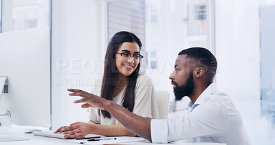 Buy stock photo Speaking, manager or intern with computer in office, explain company system or collaboration for project. Mentoring, productivity tips or people with feedback for development, tech or trainee advice