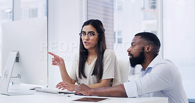 Buy stock photo Speaking, manager and employee with computer in office, collaboration and check proposal for mistake. Talking, project review and people with pc for schedule planning, pointing and task supervision