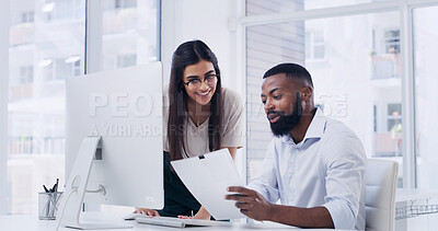 Buy stock photo Document, discussion and business people with computer in office, feedback and assistance for proposal. Review, tech and employees with collaboration for investment planning, conversation and helping