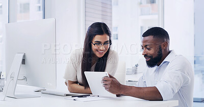 Buy stock photo People, meeting and discussion in creative agency with tablet, computer or idea for digital marketing. Team, collaboration and talk in office with tech, proposal or planning for advertising campaign.